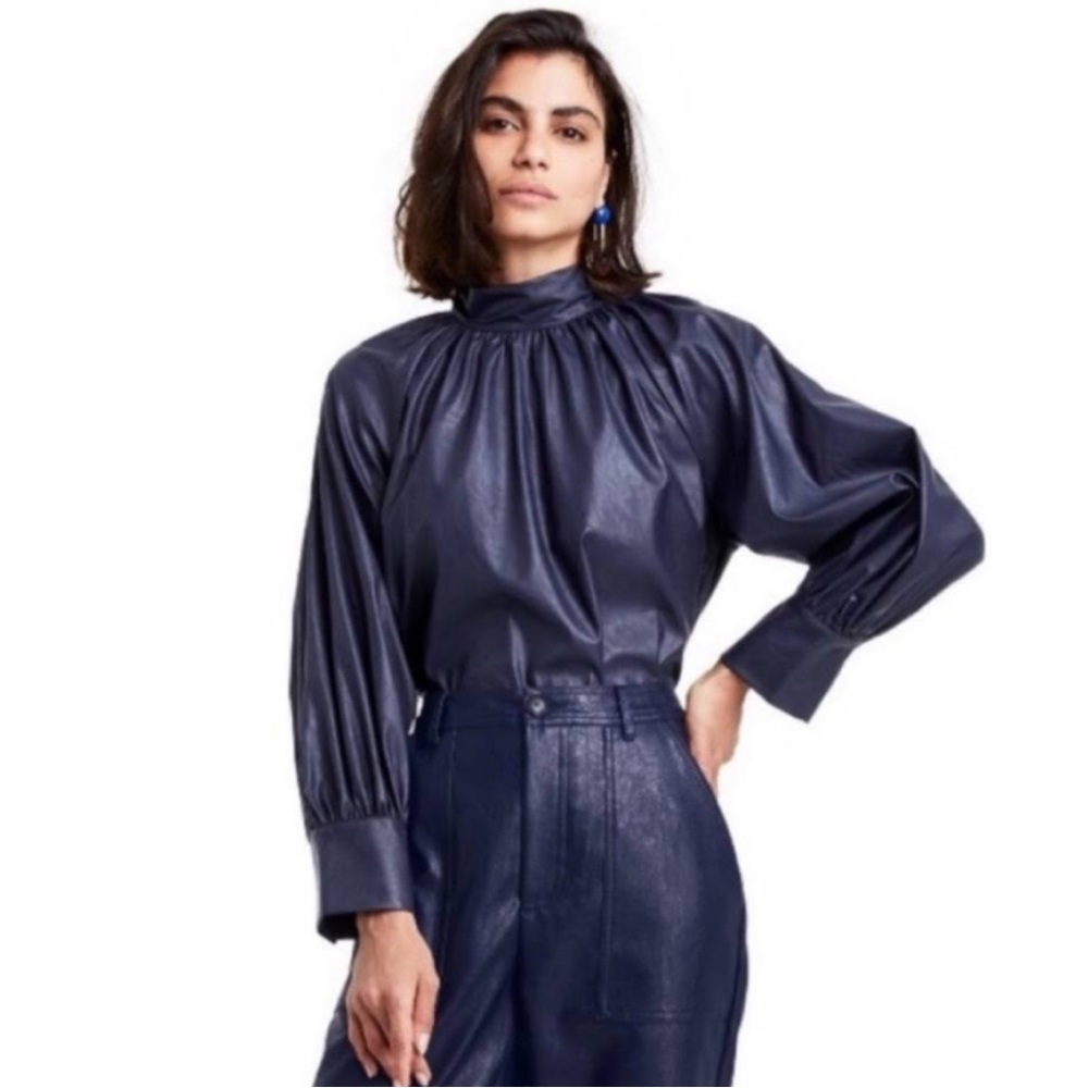 Rachel Comey x Target Small Blue Navy Faux Leather‎ Top Long Sleeve Tie Back